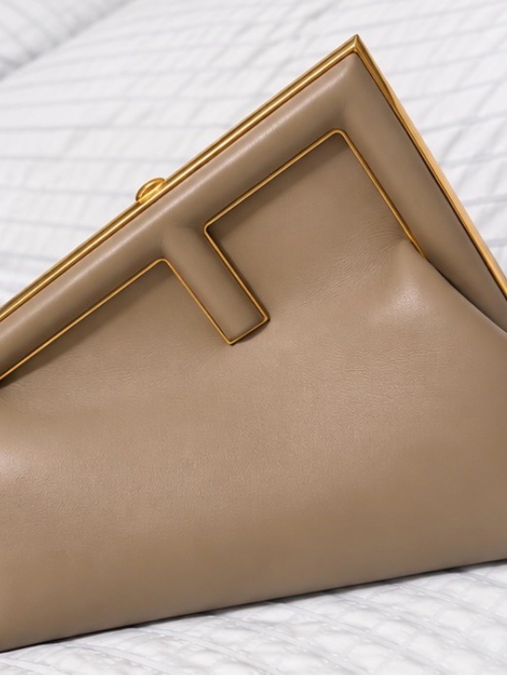 Fendi First Medium Taupe Leather Clutch with Gold Frame Trim